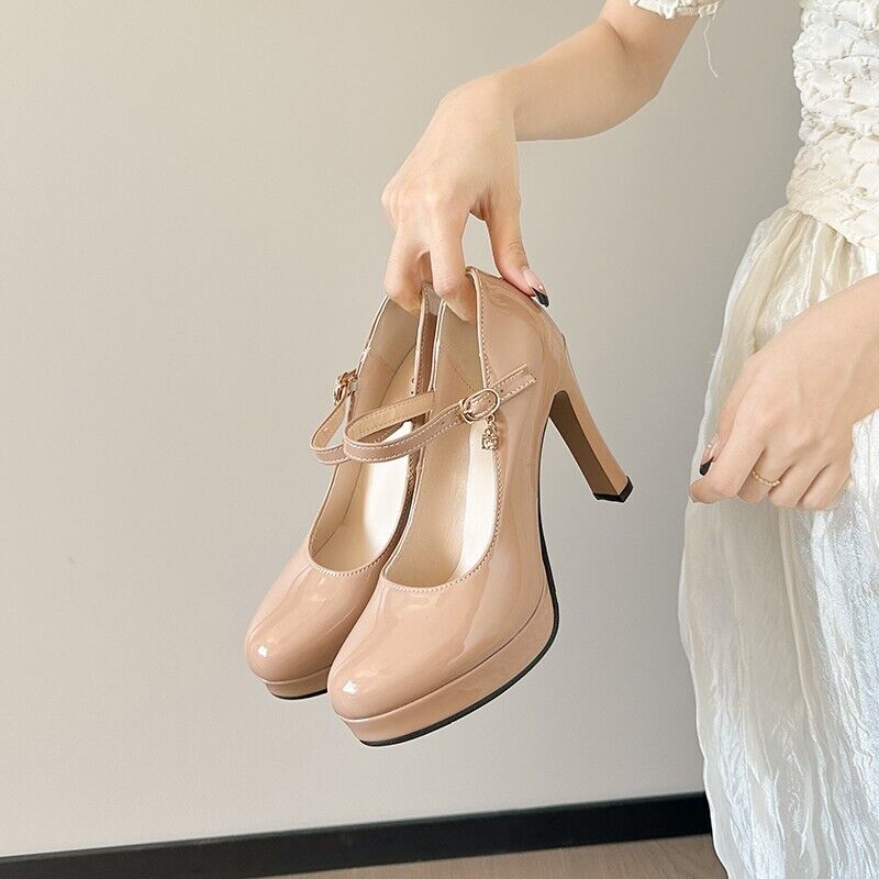 Sexy Buckle Women High Heels Shoes Spring Fashion Round Toe Platform Nude Shoes - Picture 15 of 17