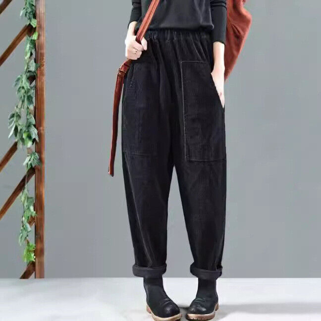 Womens Elastic Waist Corduroy Wide Leg Pants Ladies Side Pockets Harem Trousers - Picture 8 of 10