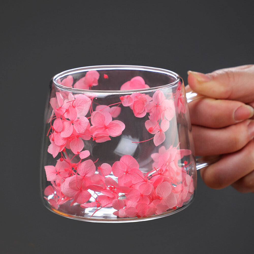 Double Wall Insulated Dry Flowers Glass Cup Milk Tea Coffee Mug With Handle