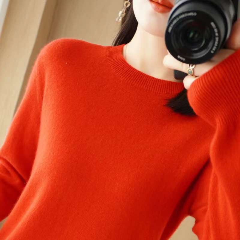 Women Wool Cashmere Sweater Knitted Pullover Crew Neck Sweater Solid Slim Tops