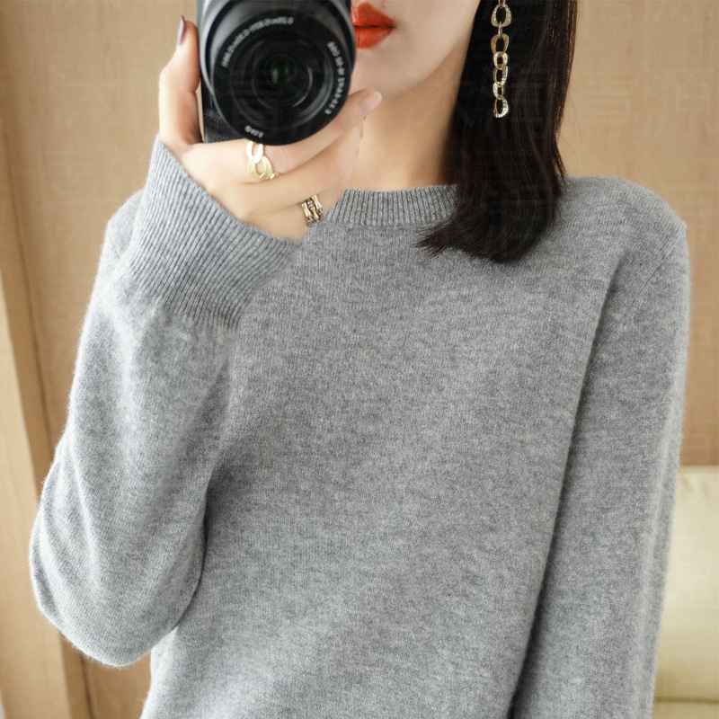 Women Wool Cashmere Sweater Knitted Pullover Crew Neck Sweater Solid Slim Tops