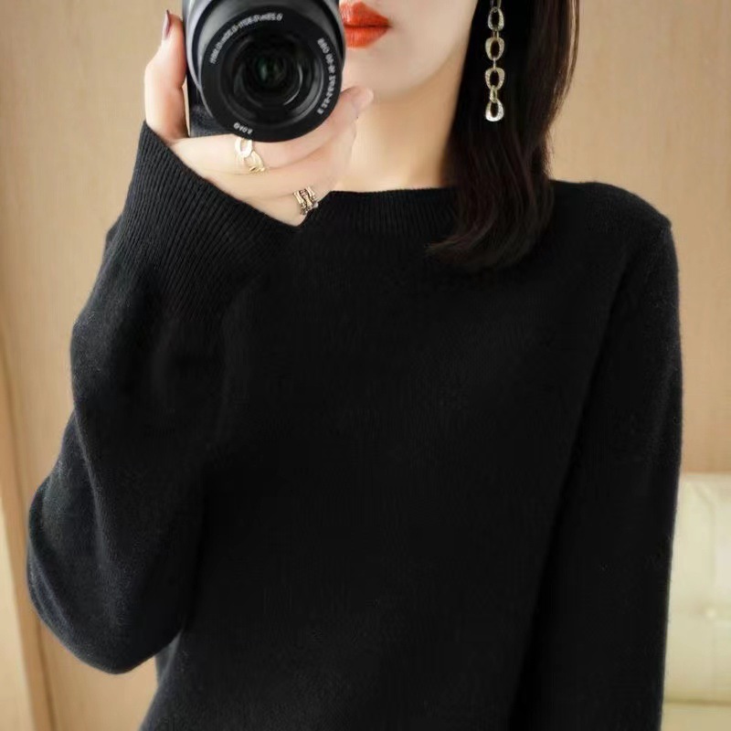 Women Wool Cashmere Sweater Knitted Pullover Crew Neck Sweater Solid Slim Tops