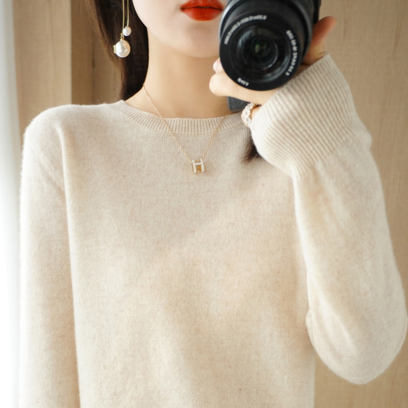 Women Wool Cashmere Sweater Knitted Pullover Crew Neck Sweater Solid Slim Tops