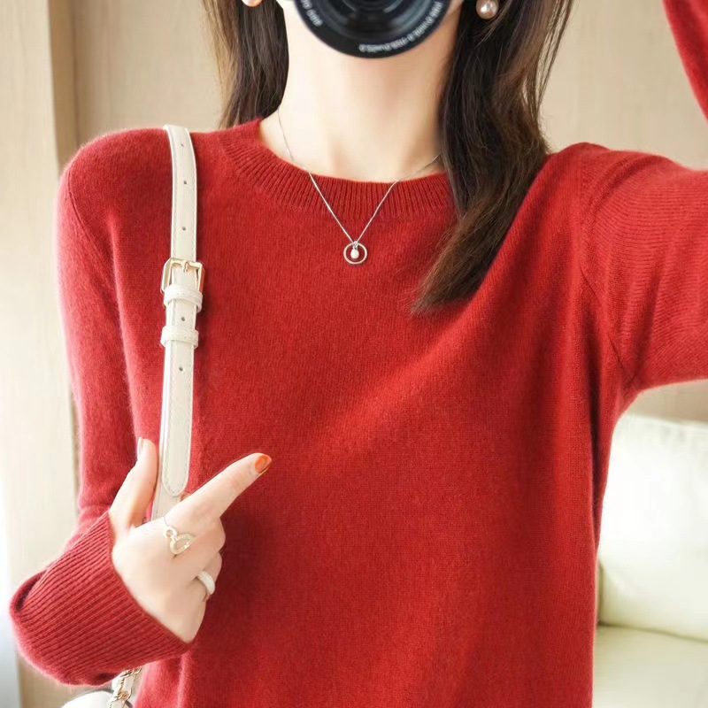 Women Wool Cashmere Sweater Knitted Pullover Crew Neck Sweater Solid Slim Tops