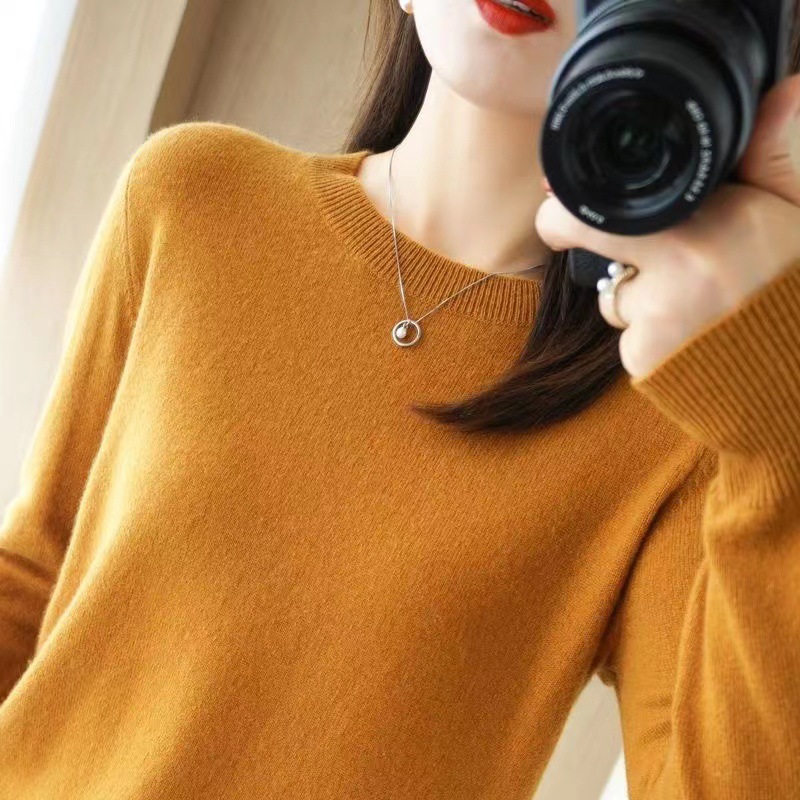 Women Wool Cashmere Sweater Knitted Pullover Crew Neck Sweater Solid Slim Tops