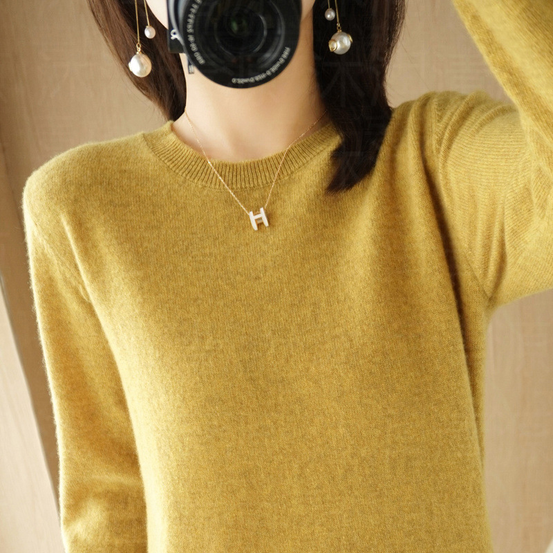 Women Wool Cashmere Sweater Knitted Pullover Crew Neck Sweater Solid Slim Tops