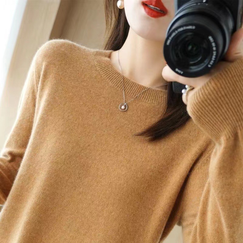 Women Wool Cashmere Sweater Knitted Pullover Crew Neck Sweater Solid Slim Tops