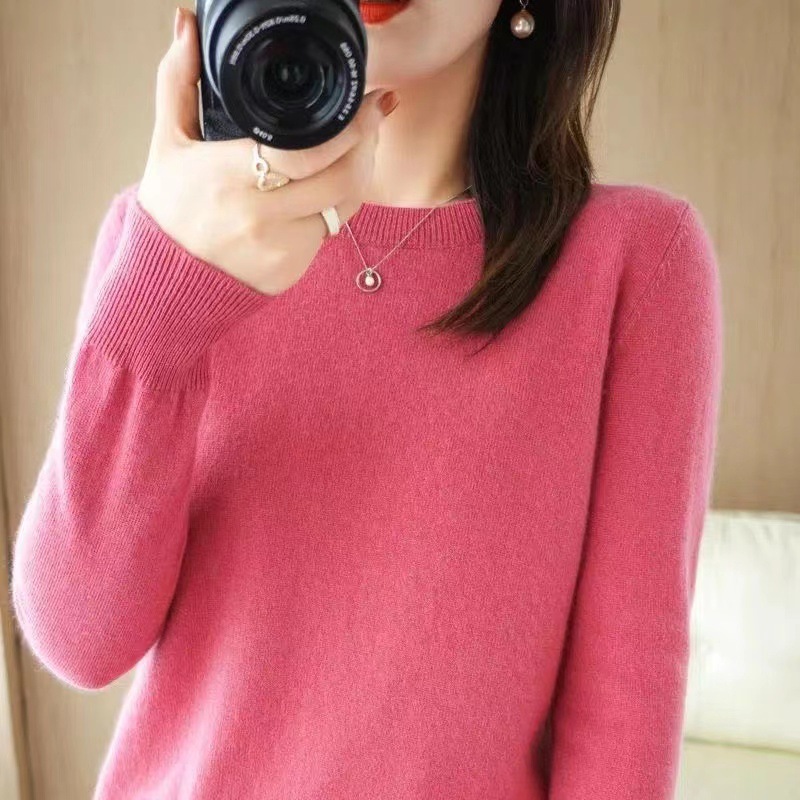 Women Wool Cashmere Sweater Knitted Pullover Crew Neck Sweater Solid Slim Tops