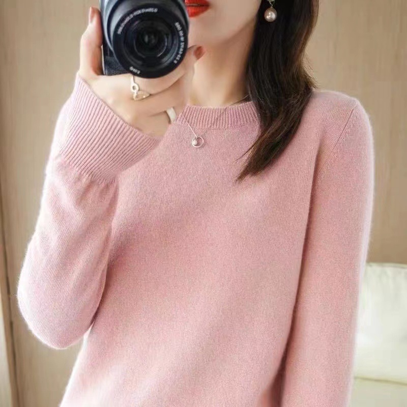 Women Wool Cashmere Sweater Knitted Pullover Crew Neck Sweater Solid Slim Tops