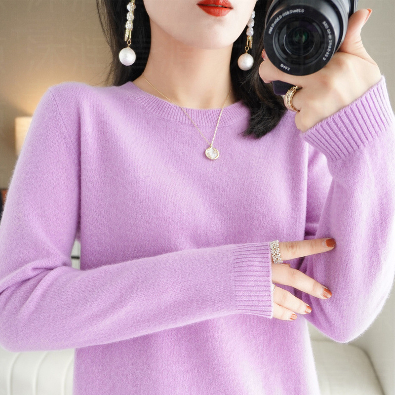 Women Wool Cashmere Sweater Knitted Pullover Crew Neck Sweater Solid Slim Tops