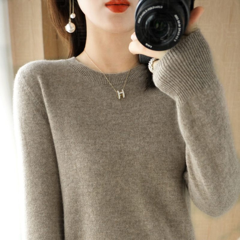 Women Wool Cashmere Sweater Knitted Pullover Crew Neck Sweater Solid Slim Tops