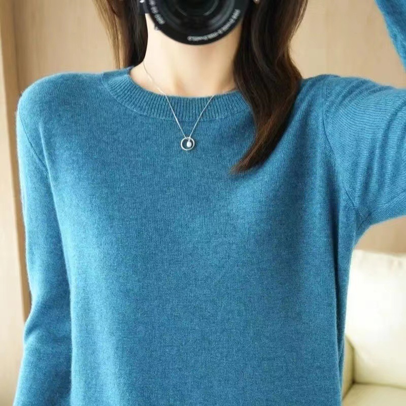 Women Wool Cashmere Sweater Knitted Pullover Crew Neck Sweater Solid Slim Tops