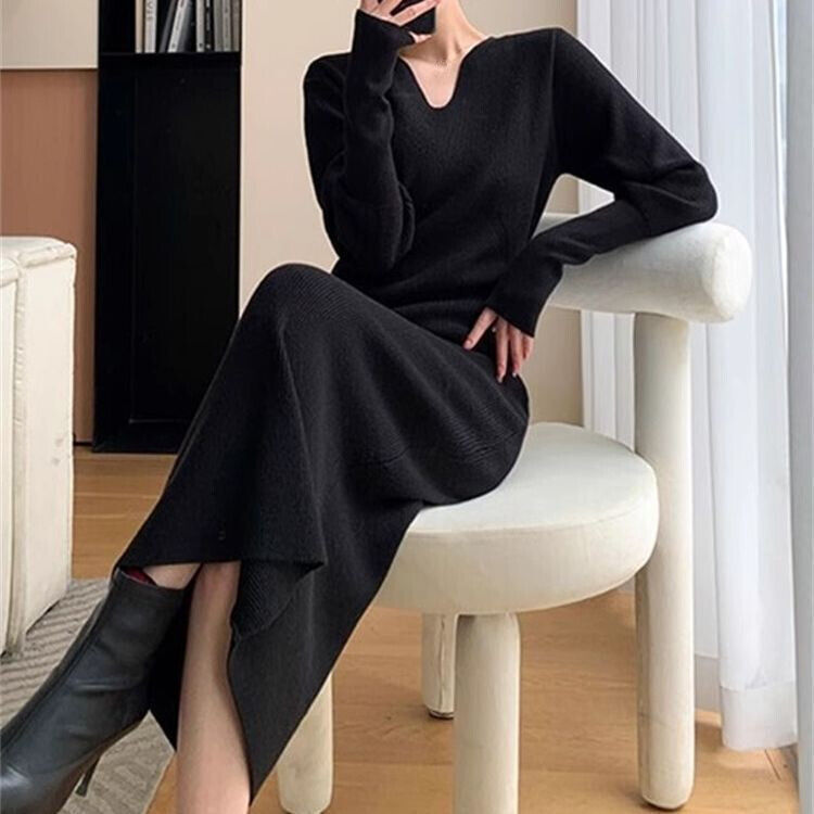 Women Elegant V Neck Long Sleeves Slim Knitted Sweater Dress Cocktail Party Gown - Picture 7 of 8