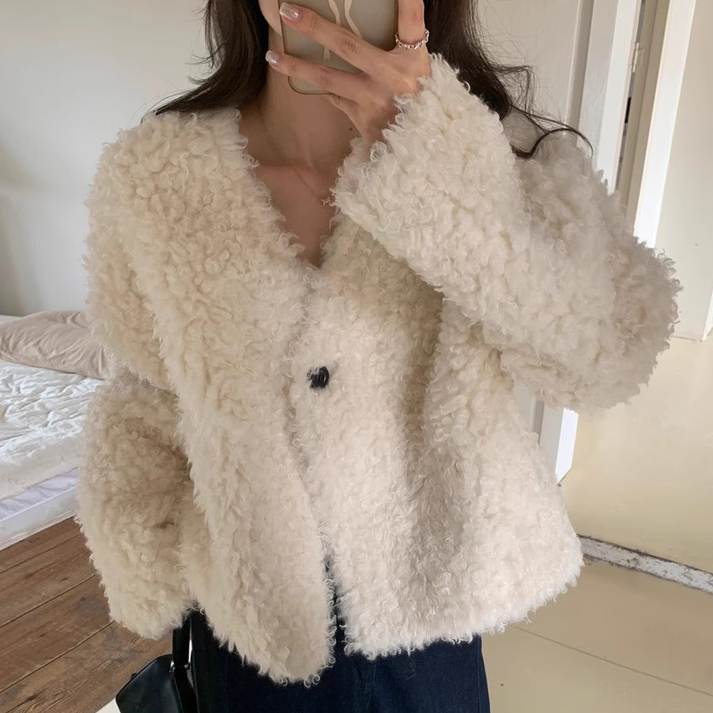 Women Lambswool Faux Fur One Button V Neck Loose Jacket Winter Warm Outwear Coat - Bild 7 von 7