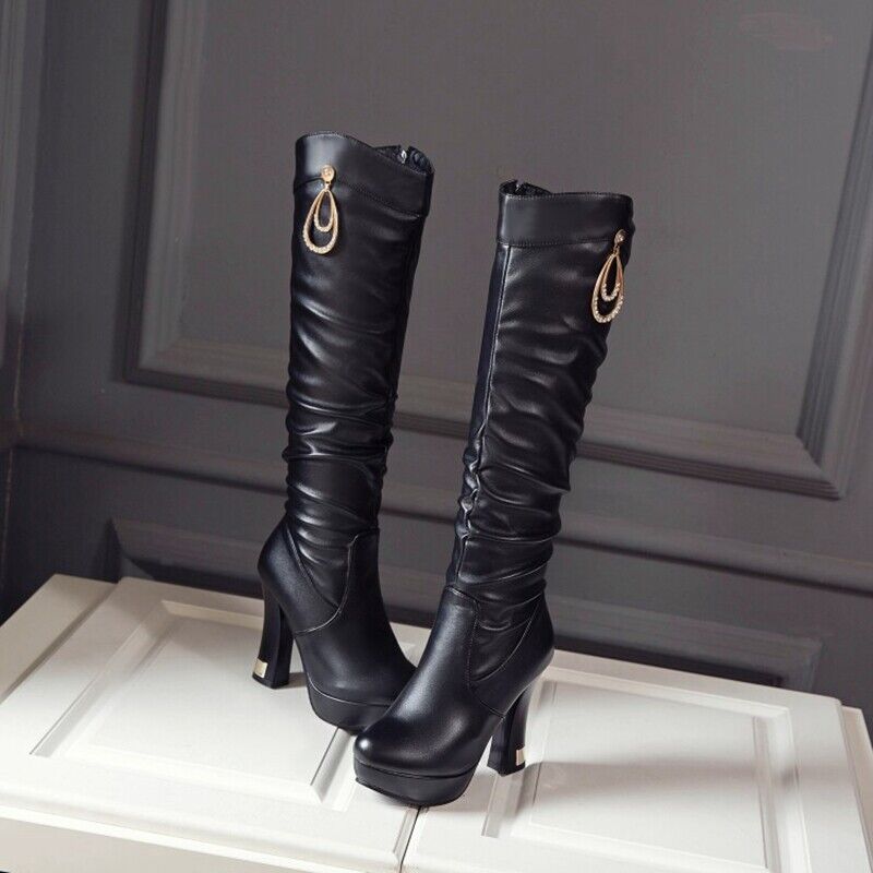 Damen Kniehoch Stiefel Schuhe High Heels Pump Blockabsatz Plateau Reißverschluss - Picture 24 of 26