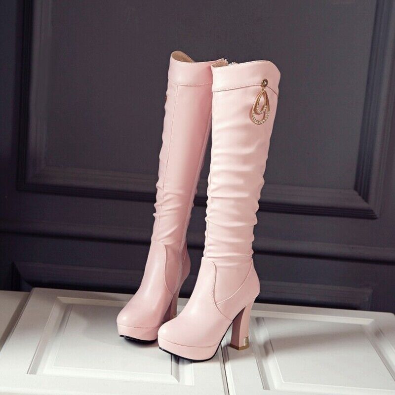 Damen Kniehoch Stiefel Schuhe High Heels Pump Blockabsatz Plateau Reißverschluss - Picture 26 of 26