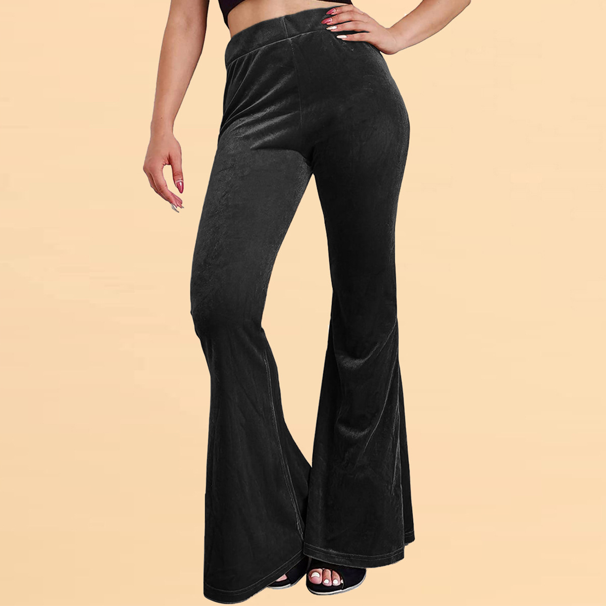 Womens Stretchy Velour Bell Bottom Flare Palazzo Hippie Pants