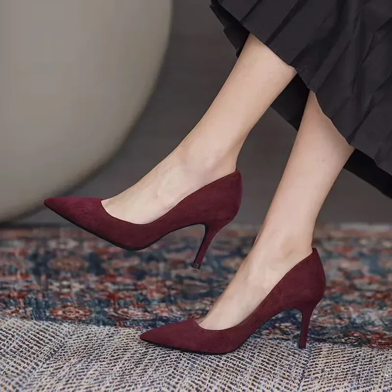 Zapatos de tacón alto para mujer Zapatos de salón de tacón fino en punta Gamuza sintética Rojo Azul Zapatos individuales - Imagen 10 de 11