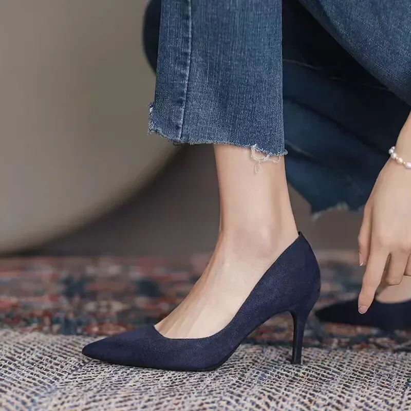 Zapatos de tacón alto para mujer Zapatos de salón de tacón fino en punta Gamuza sintética Rojo Azul Zapatos individuales - Imagen 9 de 11