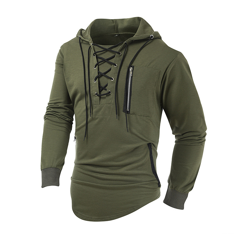 Mens Lace Up Hooded T-Shirt Tops Long Sleeve Sports Casual Muscle Slim Shirts