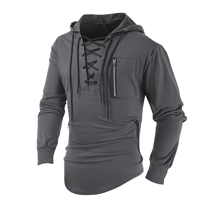 Mens Lace Up Hooded T-Shirt Tops Long Sleeve Sports Casual Muscle Slim Shirts - Picture 11 of 11