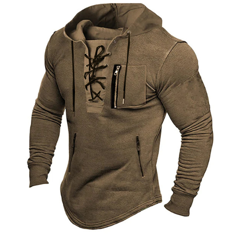 Mens Lace Up Hooded T-Shirt Tops Long Sleeve Sports Casual Muscle Slim Shirts - Picture 9 of 11