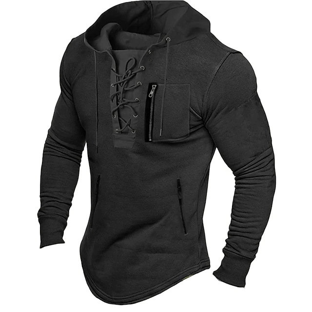 Mens Lace Up Hooded T-Shirt Tops Long Sleeve Sports Casual Muscle Slim Shirts - Picture 10 of 11