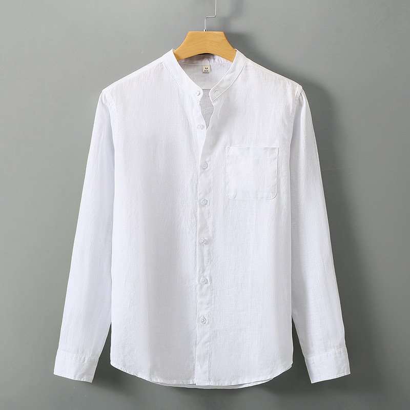 Linen Long-sleeved Shirt Men Chinese Stand Collar Casual Relaxed Breathable Tops - Picture 19 of 23
