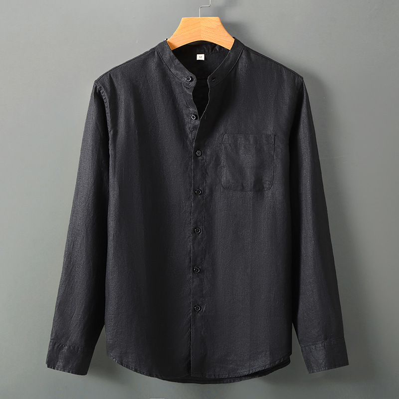 Linen Long-sleeved Shirt Men Chinese Stand Collar Casual Relaxed Breathable Tops - Picture 18 of 23