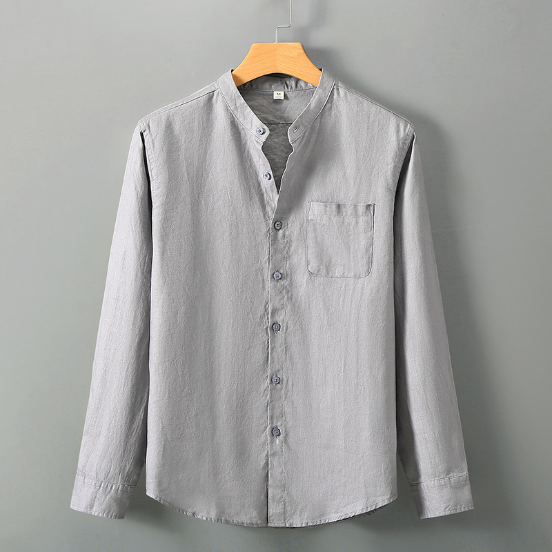 Linen Long-sleeved Shirt Men Chinese Stand Collar Casual Relaxed Breathable Tops - Picture 20 of 23
