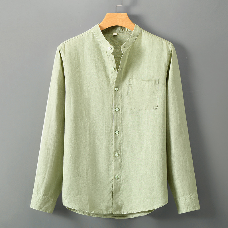 Linen Long-sleeved Shirt Men Chinese Stand Collar Casual Relaxed Breathable Tops - Picture 21 of 23