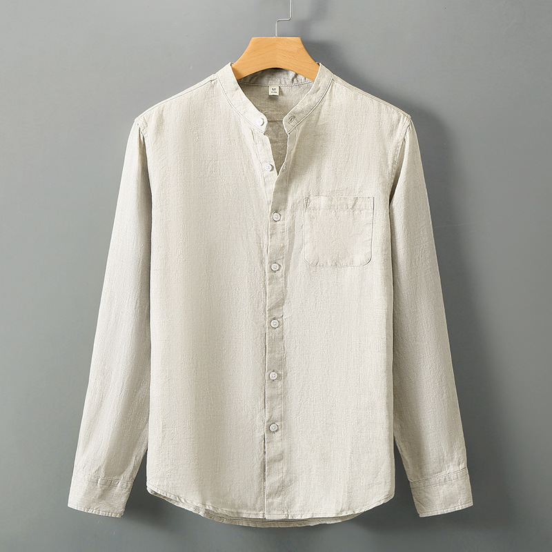 Linen Long-sleeved Shirt Men Chinese Stand Collar Casual Relaxed Breathable Tops - Picture 22 of 23