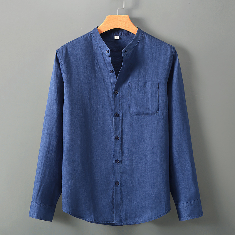 Linen Long-sleeved Shirt Men Chinese Stand Collar Casual Relaxed Breathable Tops - Picture 23 of 23