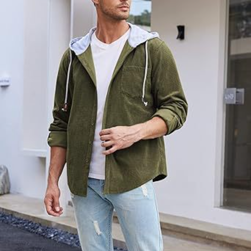 Camisa de pana para hombre manga larga con botones informal elegante chaqueta con capucha - Imagen 24 de 33