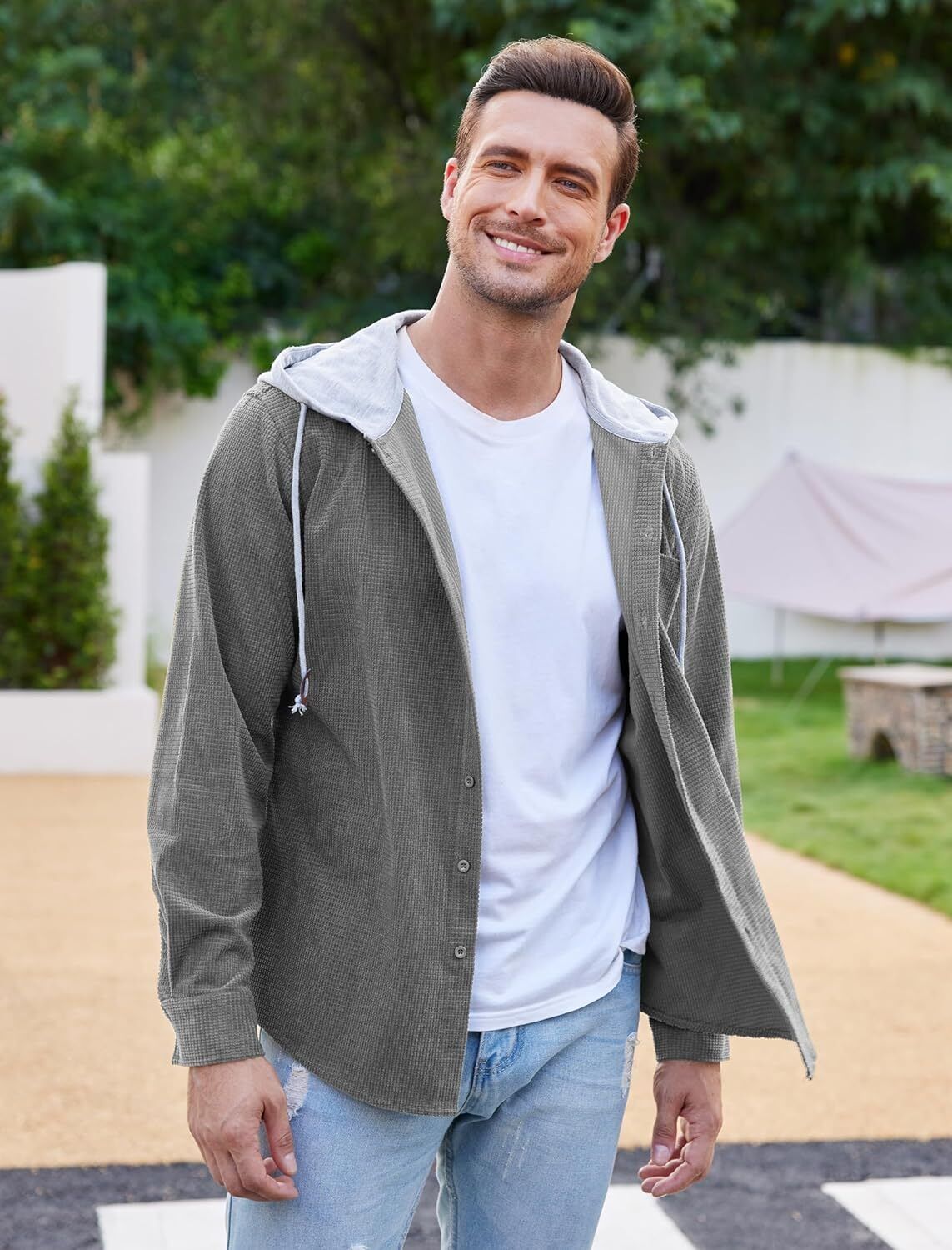 Camisa de pana para hombre manga larga con botones informal elegante chaqueta con capucha - Imagen 18 de 33
