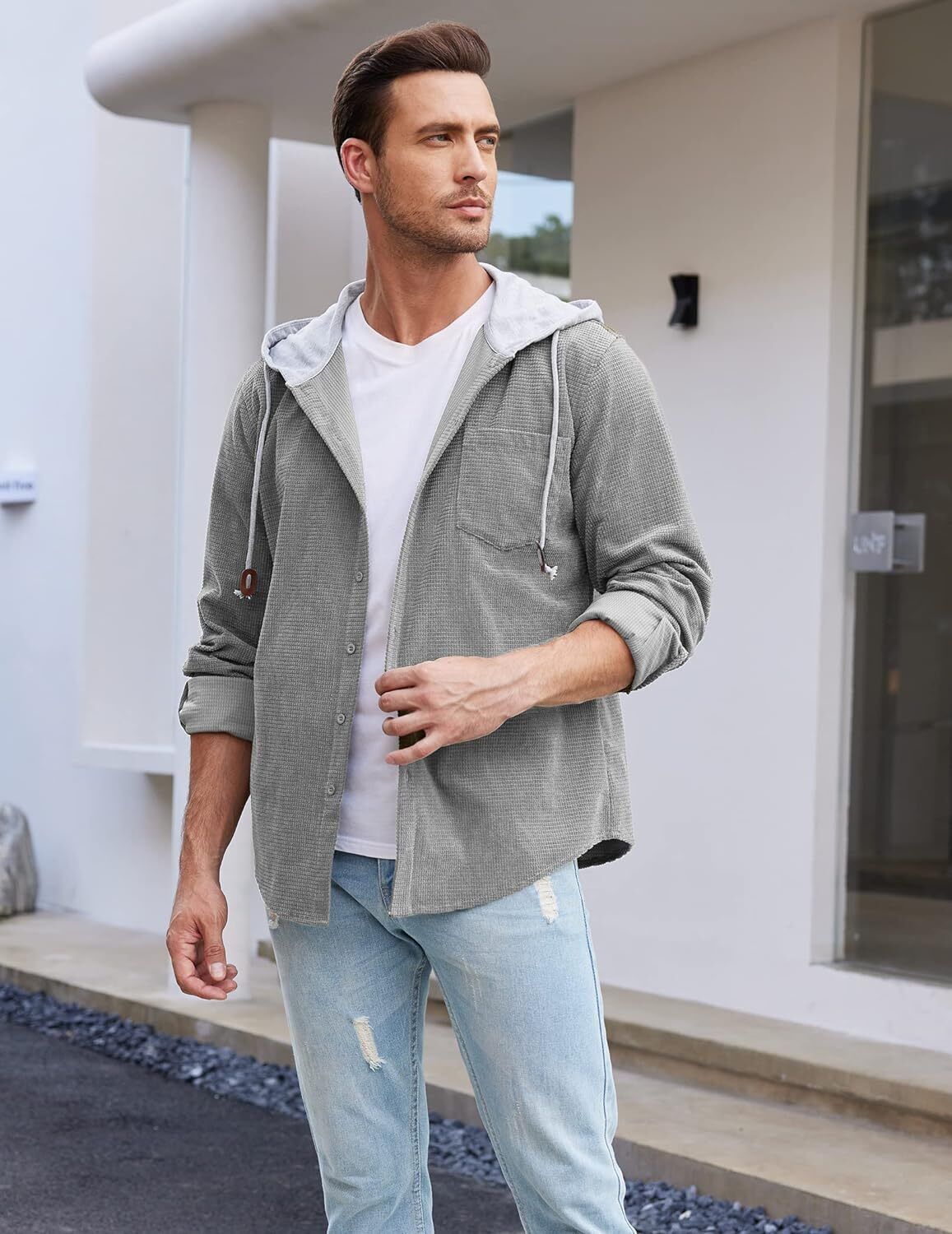 Camisa de pana para hombre manga larga con botones informal elegante chaqueta con capucha - Imagen 19 de 33