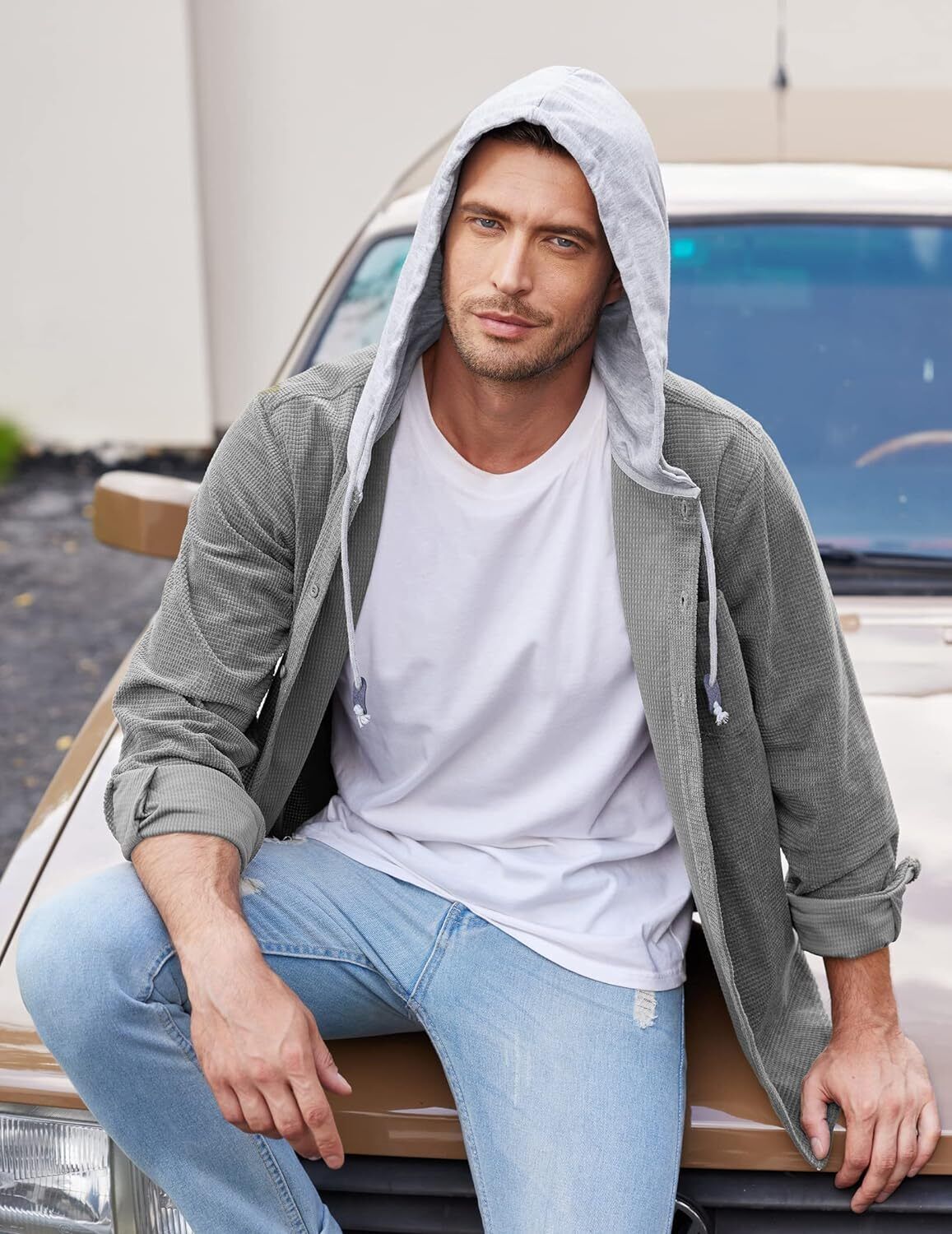 Camisa de pana para hombre manga larga con botones informal elegante chaqueta con capucha - Imagen 20 de 33