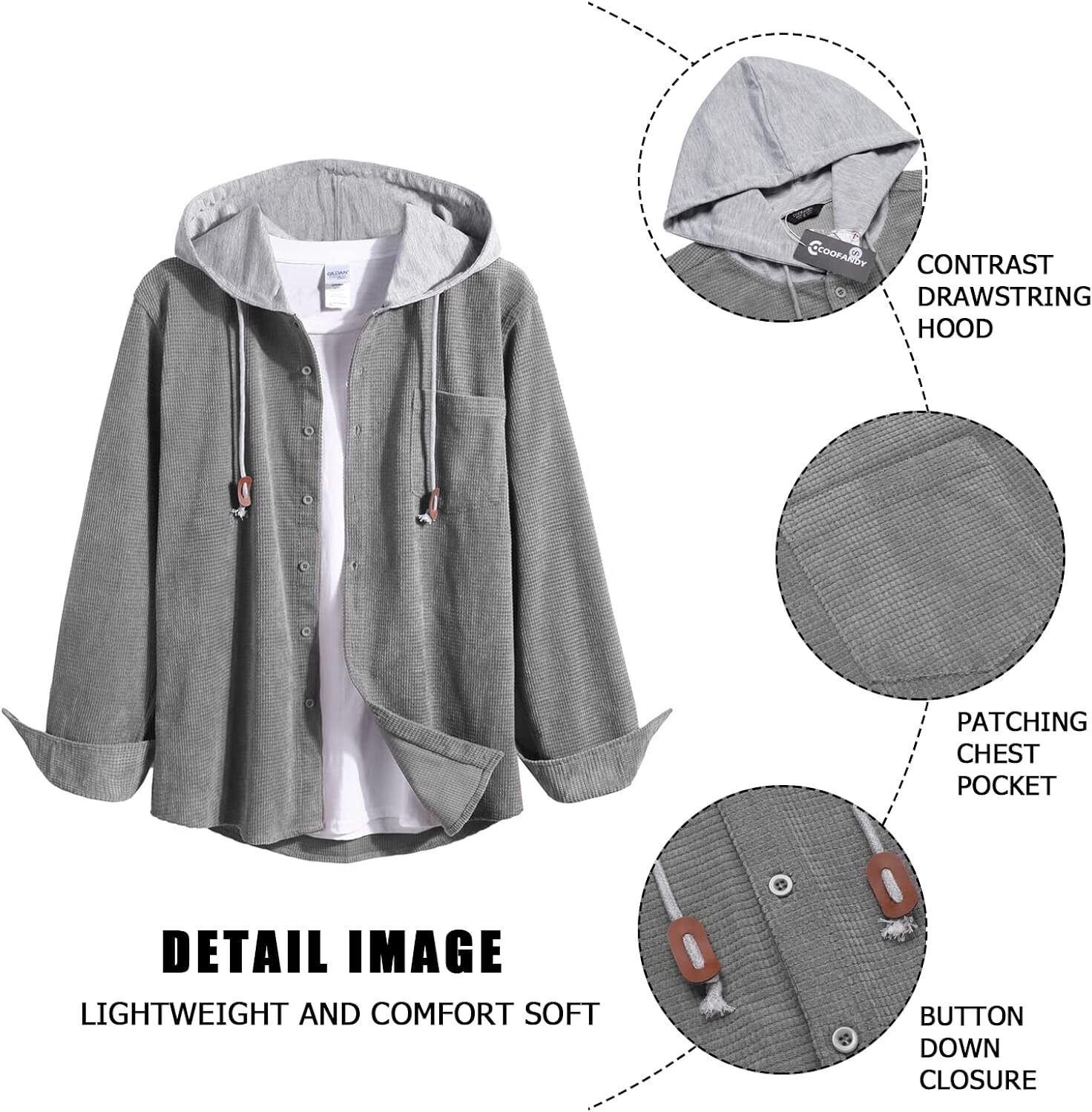Camisa de pana para hombre manga larga con botones informal elegante chaqueta con capucha - Imagen 21 de 33