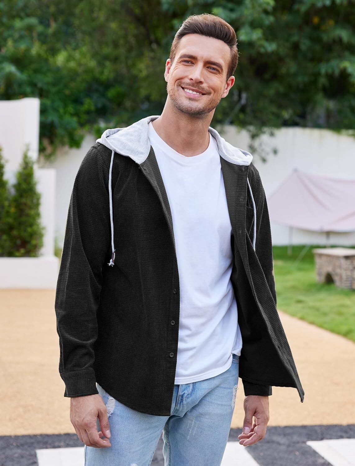 Camisa de pana para hombre manga larga con botones informal elegante chaqueta con capucha - Imagen 28 de 33