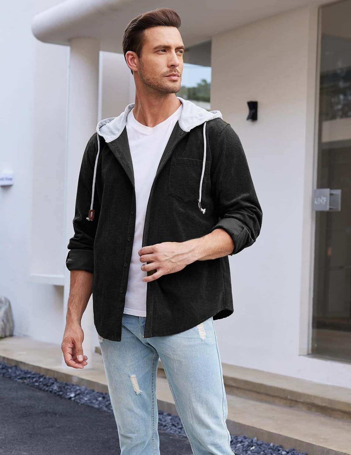 Camisa de pana para hombre manga larga con botones informal elegante chaqueta con capucha - Imagen 29 de 33
