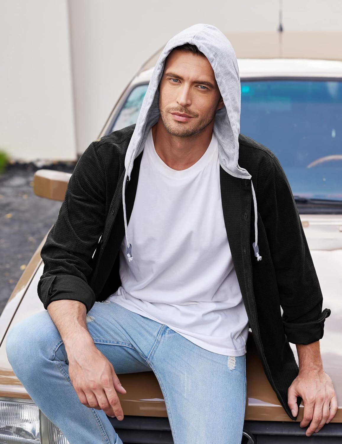 Camisa de pana para hombre manga larga con botones informal elegante chaqueta con capucha - Imagen 30 de 33