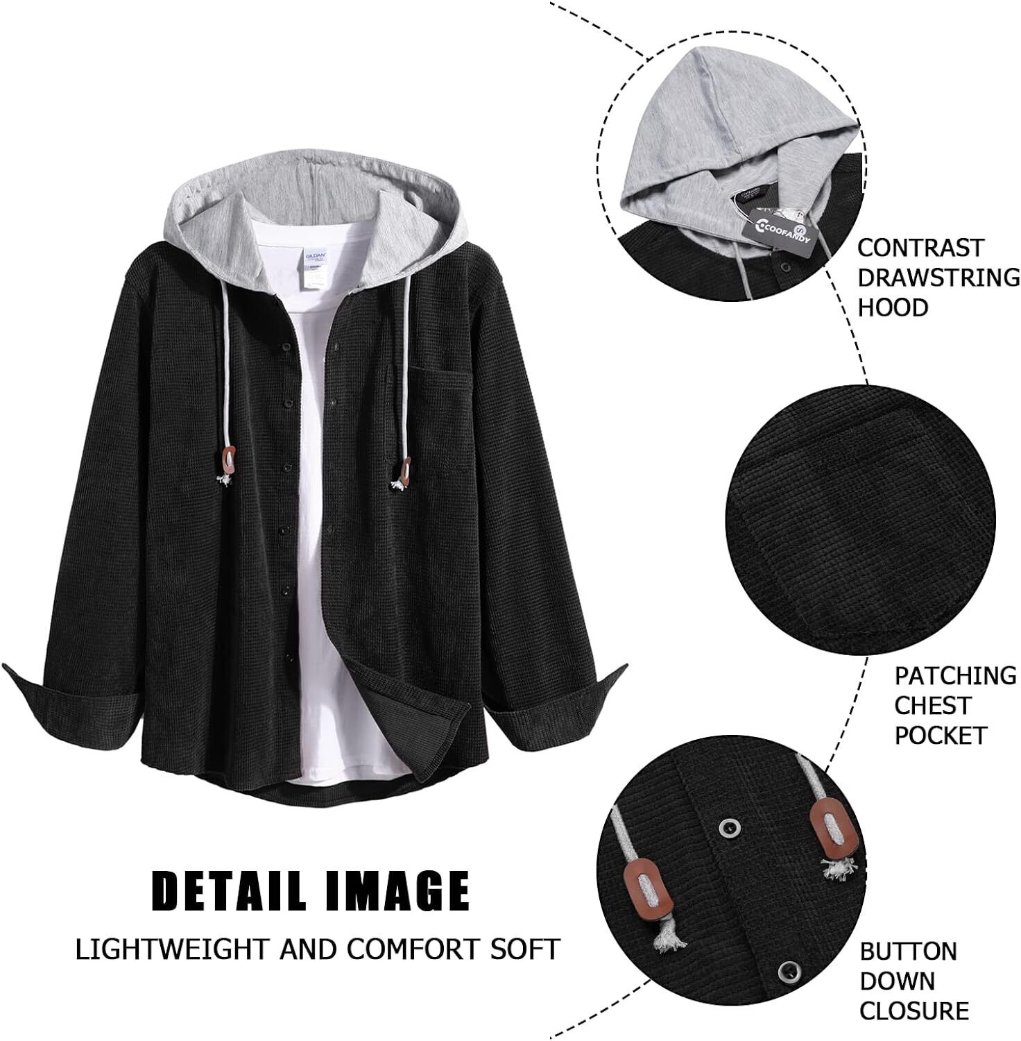 Camisa de pana para hombre manga larga con botones informal elegante chaqueta con capucha - Imagen 31 de 33