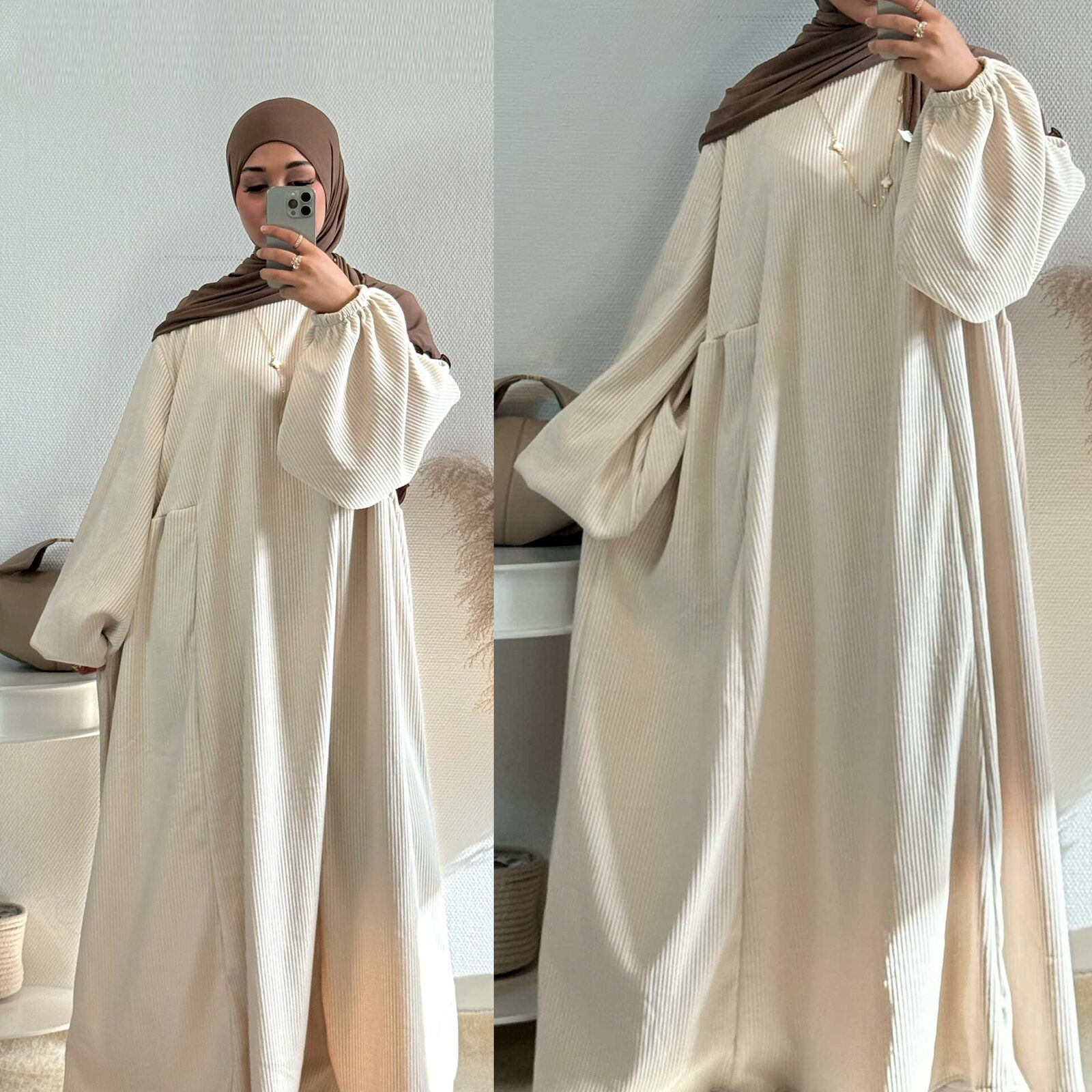 Middle Eastern Princess Sleeves Round Neck Loose Casual Dress Abaya Kaftan Gown