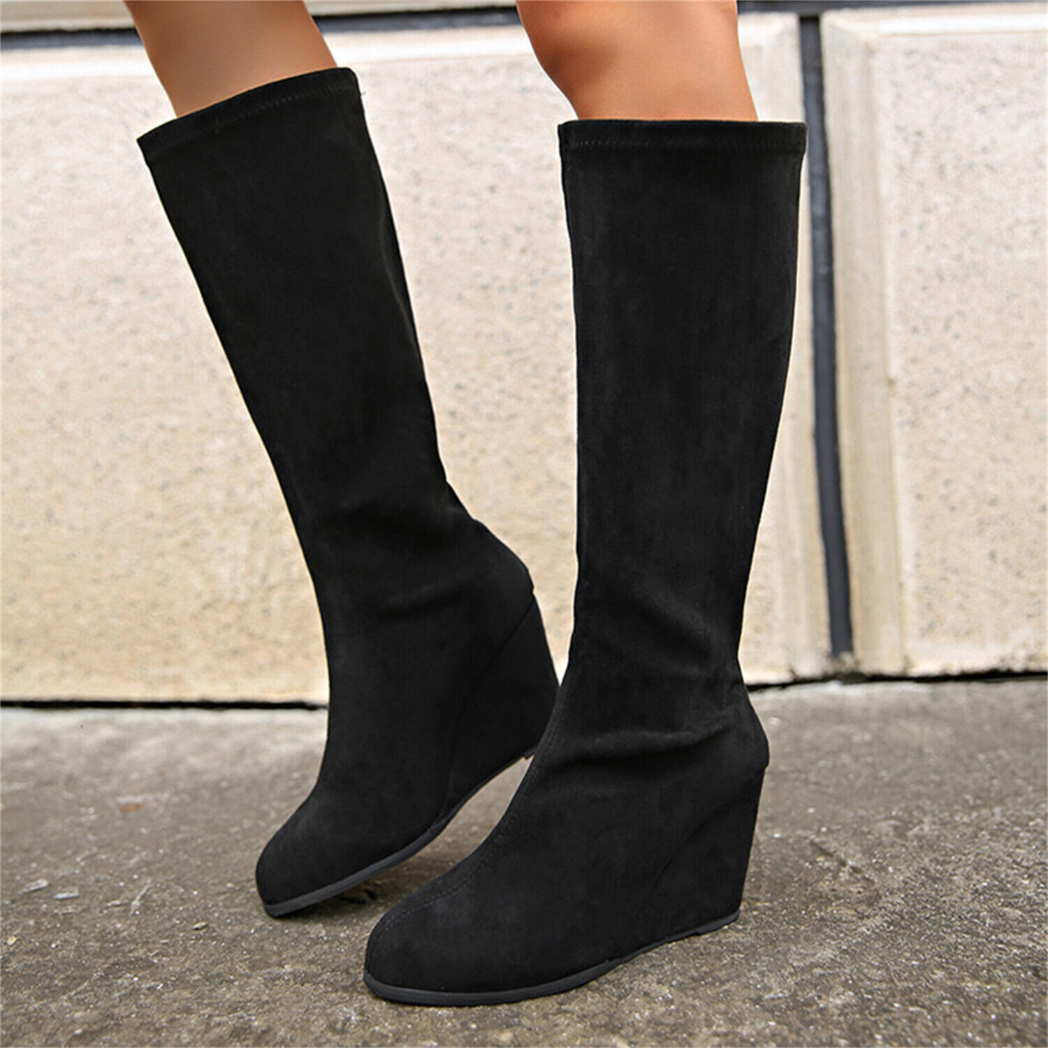 Women's Knee High Boots with Wedge High Heel Slip On Comfortable Fashion Shoes