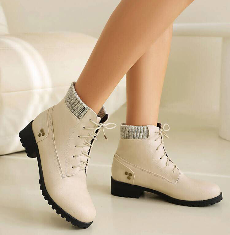Plus Size Motor Biker Boots Women Flats Lace Up Riding Ankle Boots Outdoor Boot