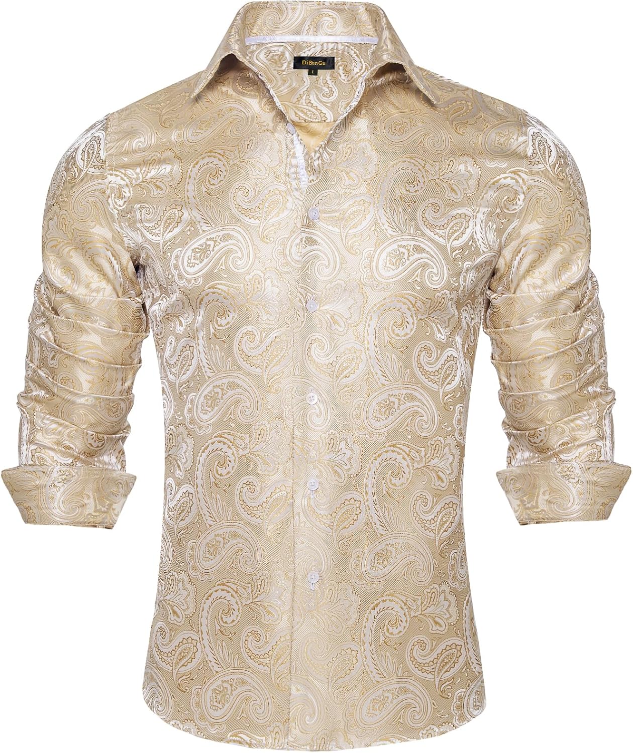 Men's Silk Paisley Dress Shirt - Long Sleeve Button Down for Wedding & Party - Picture 42 of 56
