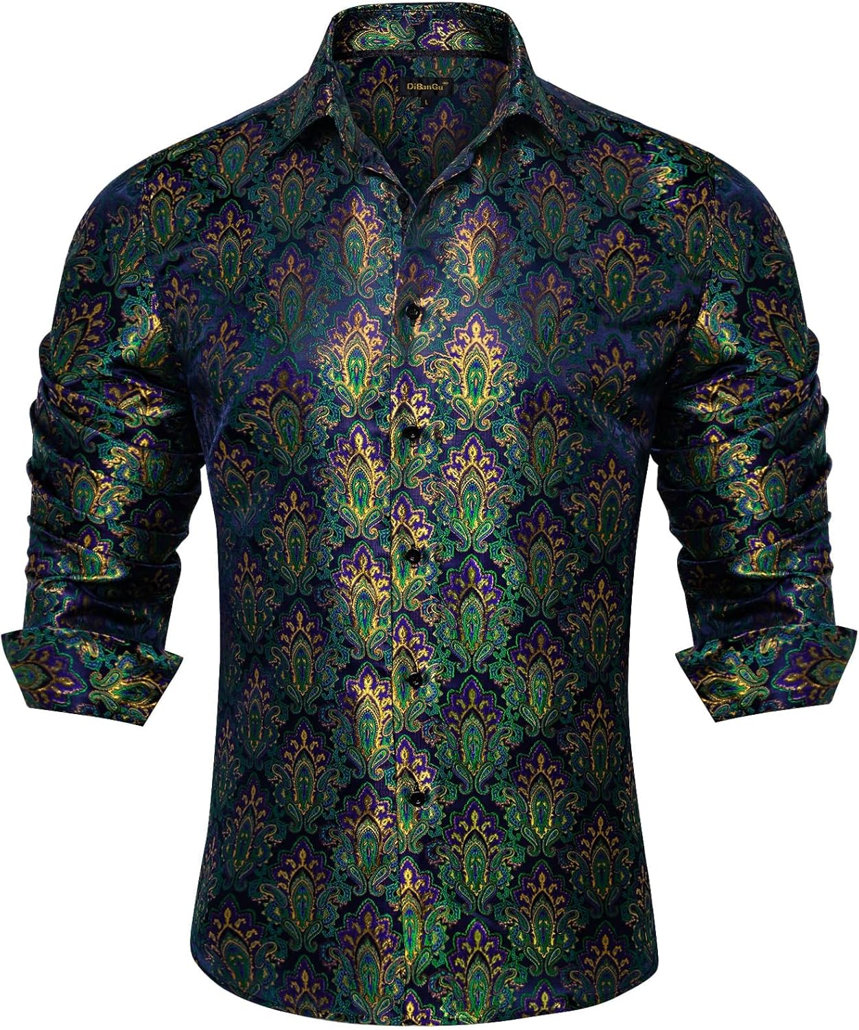 Men's Silk Paisley Dress Shirt - Long Sleeve Button Down for Wedding & Party - Picture 50 of 56