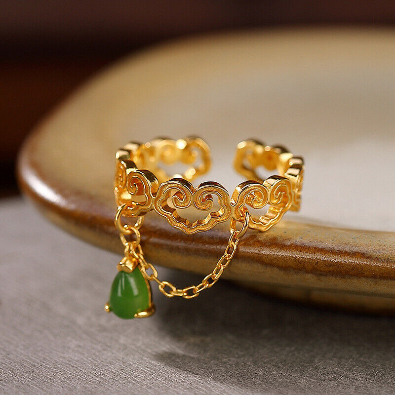 Real 925 Sterling Silver Charm Natural Green Jade Charm Ring Band - Picture 7 of 8