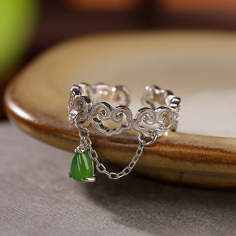 Real 925 Sterling Silver Charm Natural Green Jade Charm Ring Band - Picture 8 of 8
