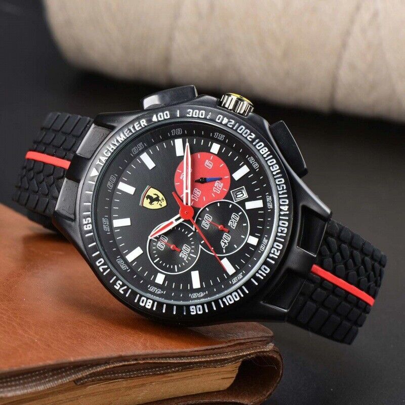 Hot Men's Formula 1 Scuderia Ferrari 44mm Luxury Chronograph Red Silicone Watch - Picture 23 of 23